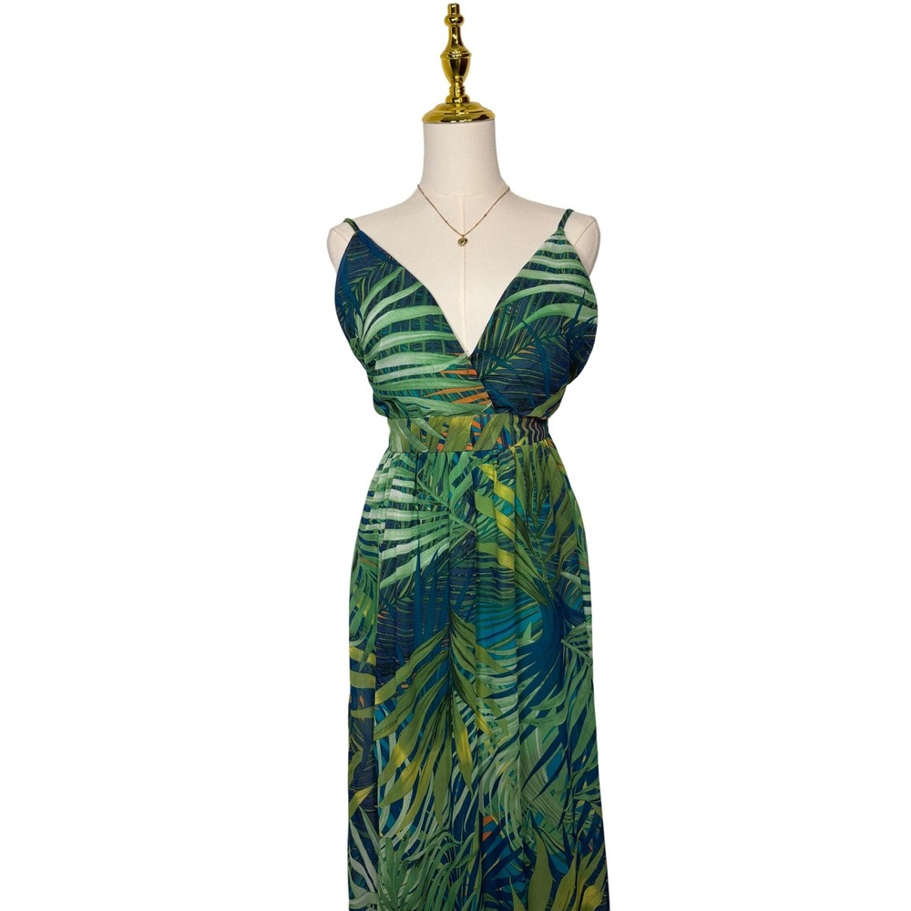 revamped green blue leaf maxi flowy dress tropical vacation boho y2k nature chic